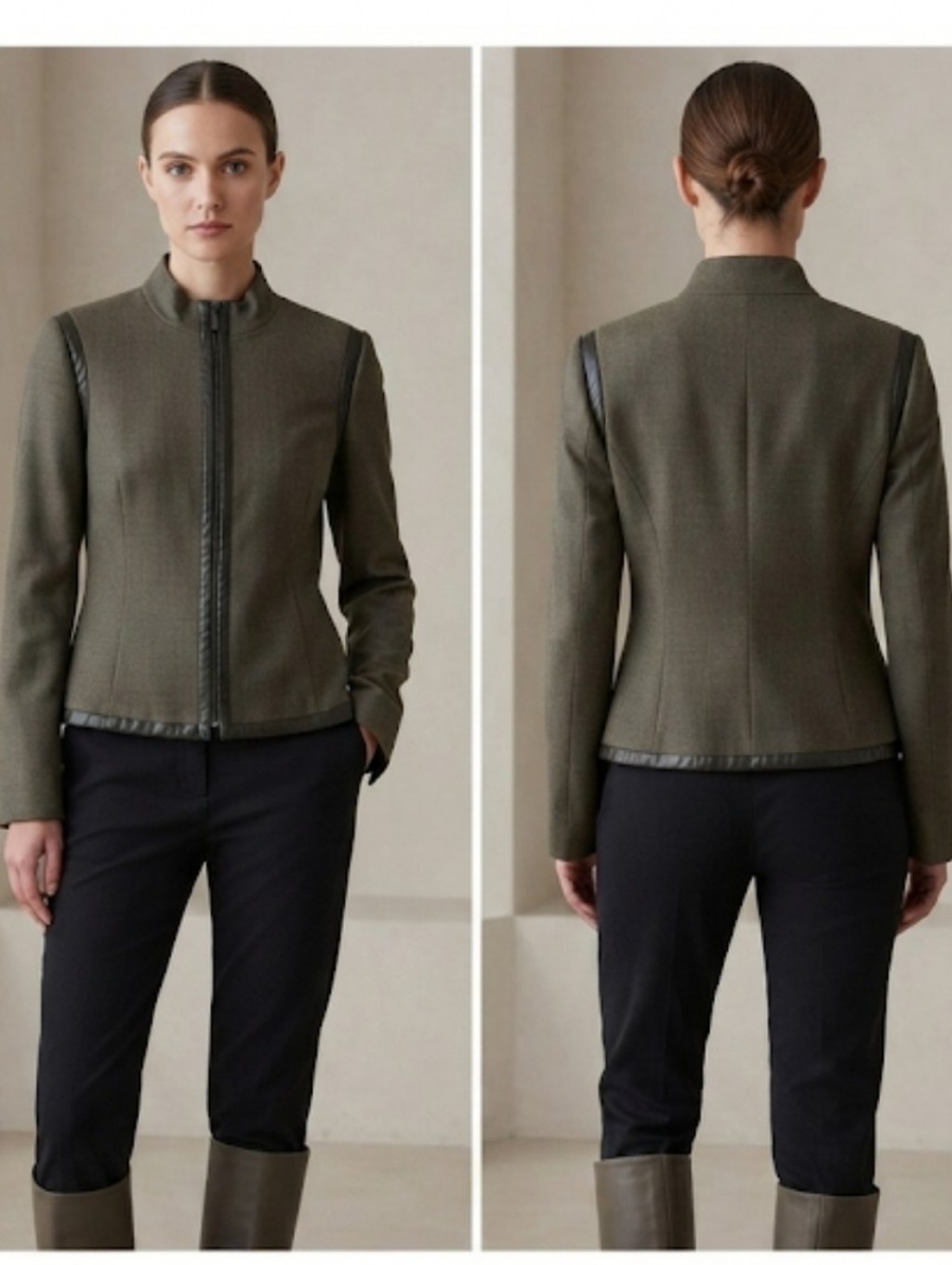 Vintage Gruppo Romano Italy Olive Green Fitted Jacket Faux Leather Trim Size S